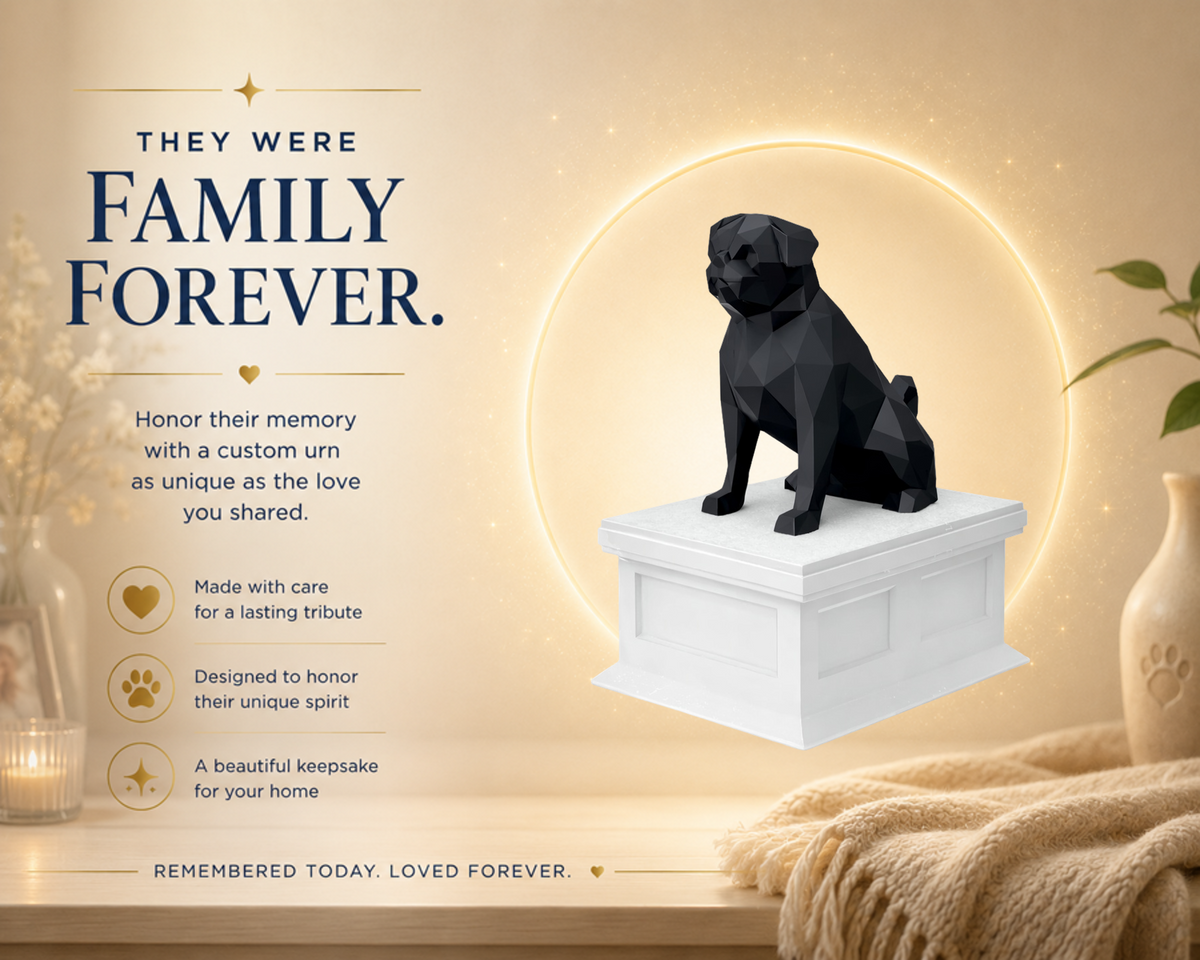 white vault black pug custom pet urn