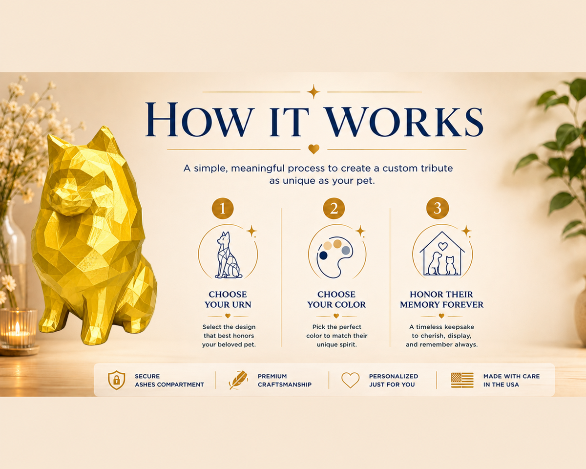 gold Pomeranian custom pet memorial urn