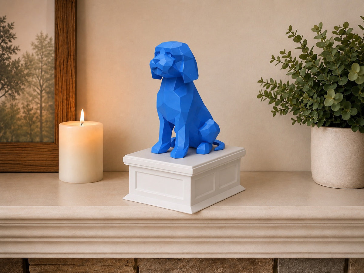 white vault blue Golden doodle custom pet urn