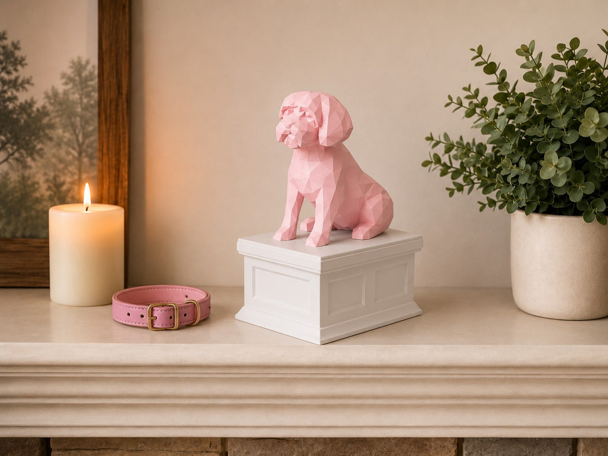 white vault pink maltese custom pet urn