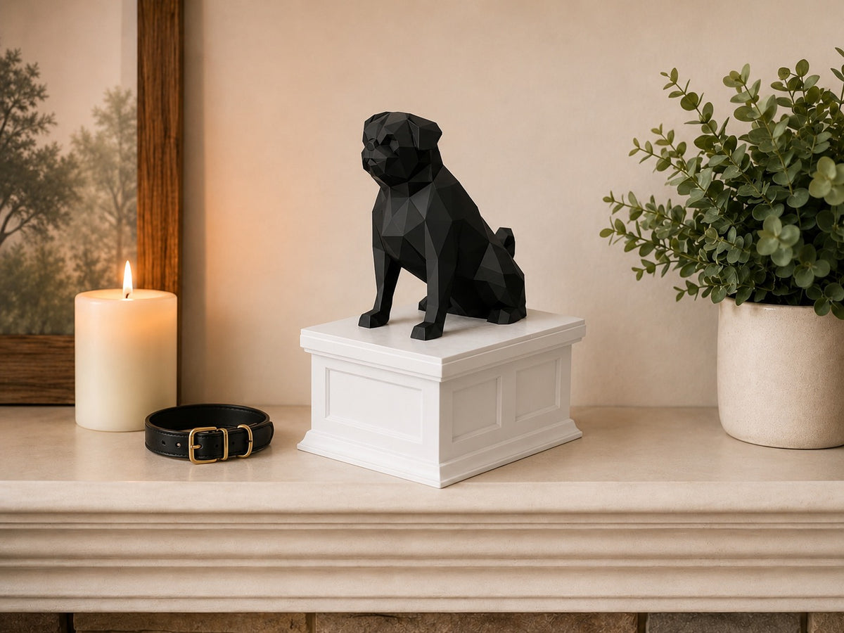 white vault black pug custom pet urn