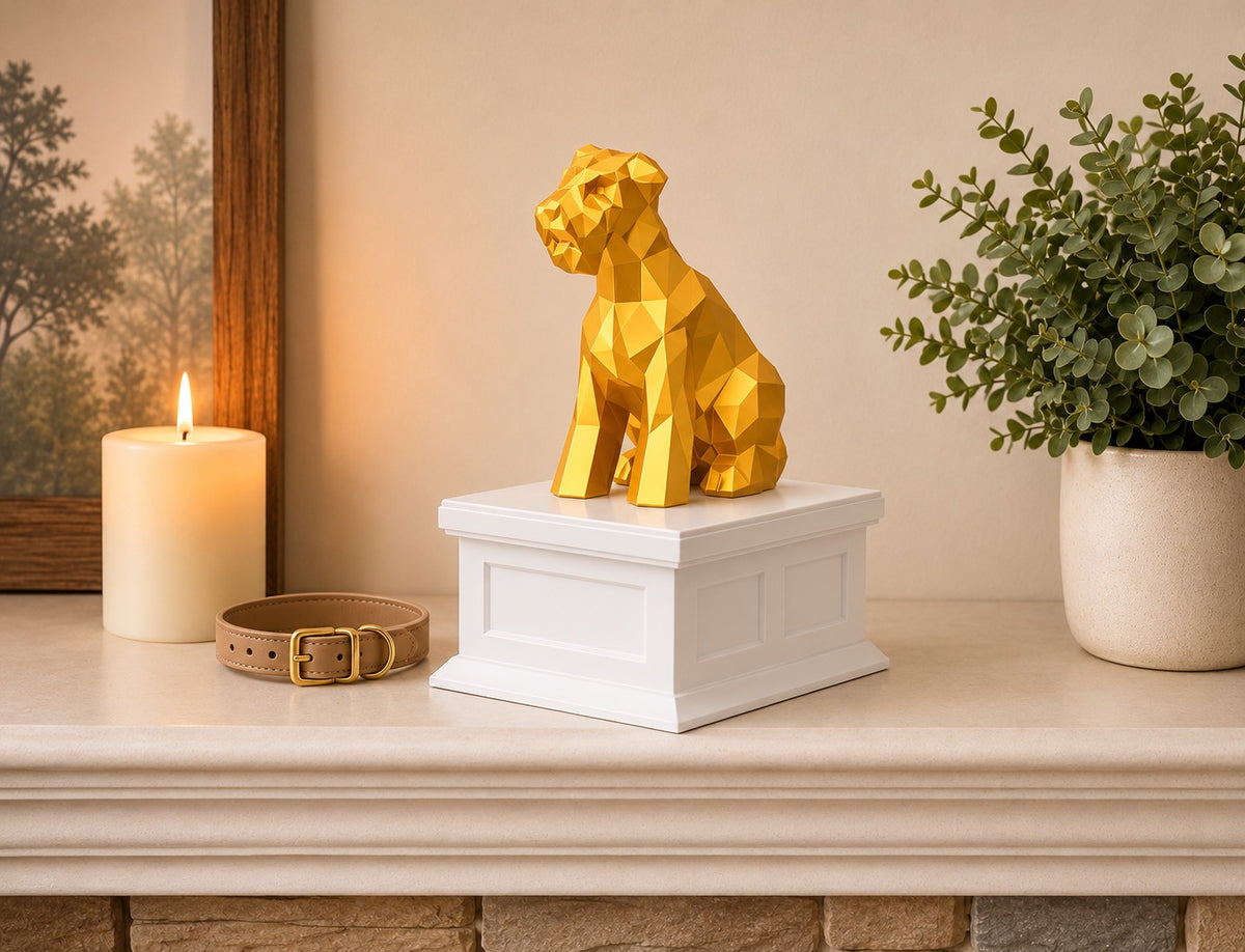 white vault gold Schnauzer pet urn