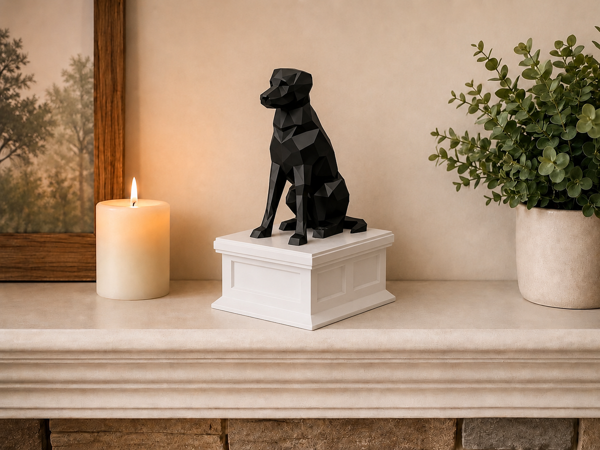 white vault black labrador custom pet urn