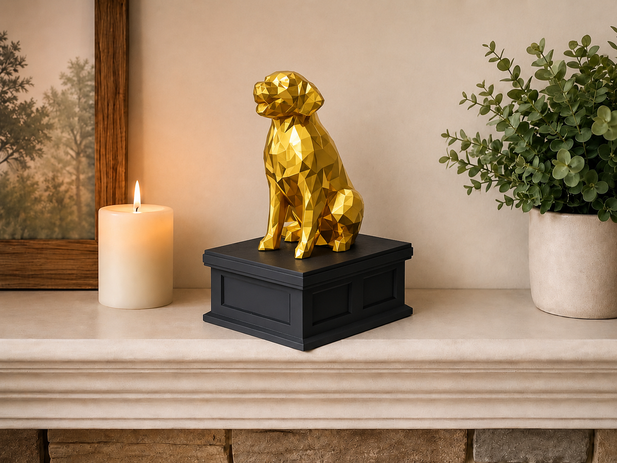 black vault gold golden retriever custom pet urn