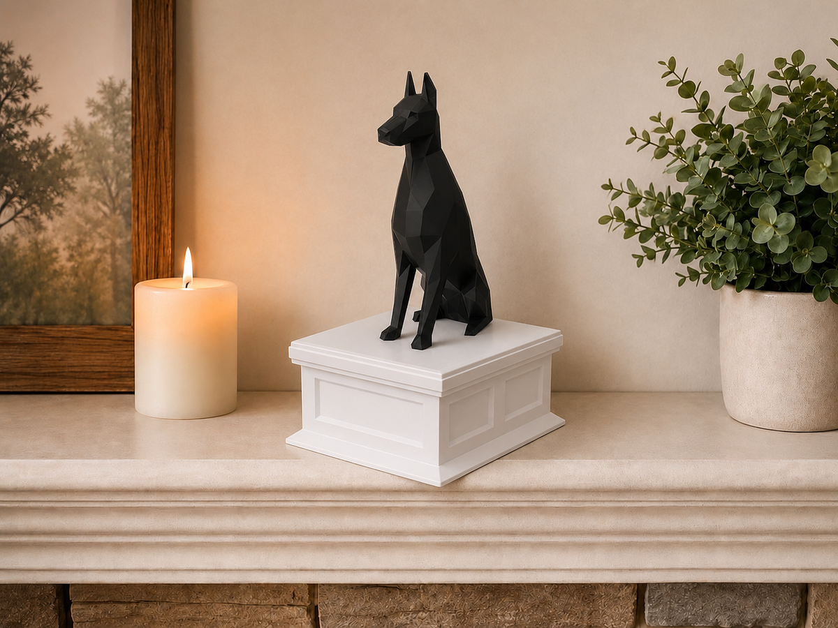 White vault black doberman custom pet urn