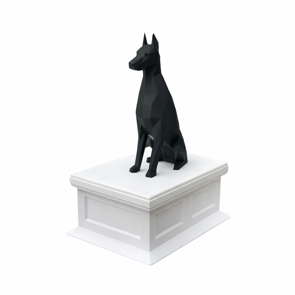 White vault black doberman pet urn