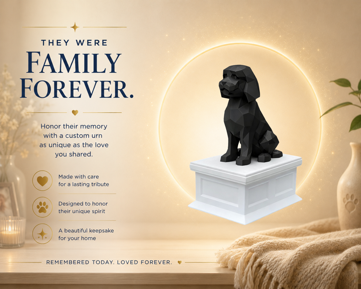 white vault black Golden doodle custom pet urn