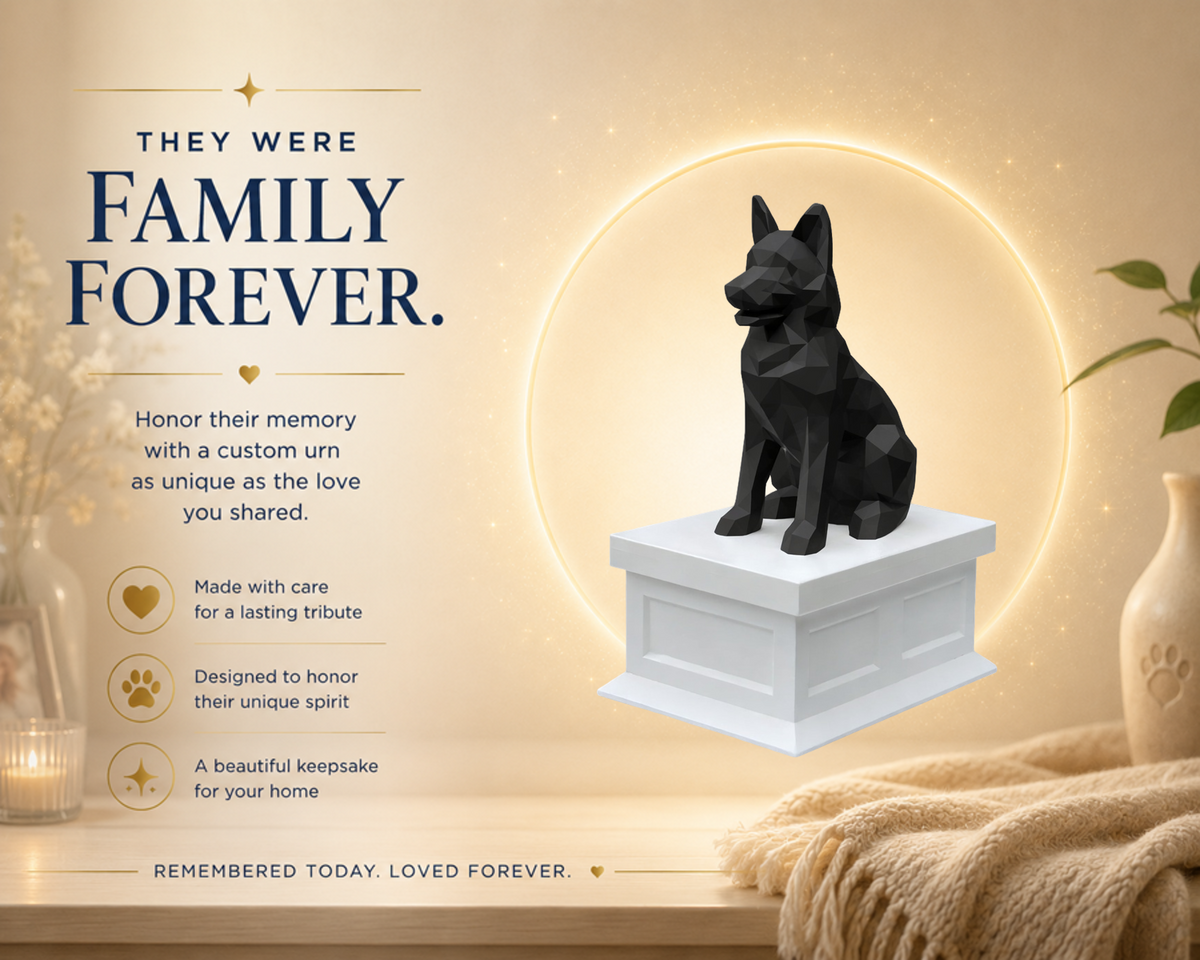 white vault black german shepherd custom pet urn