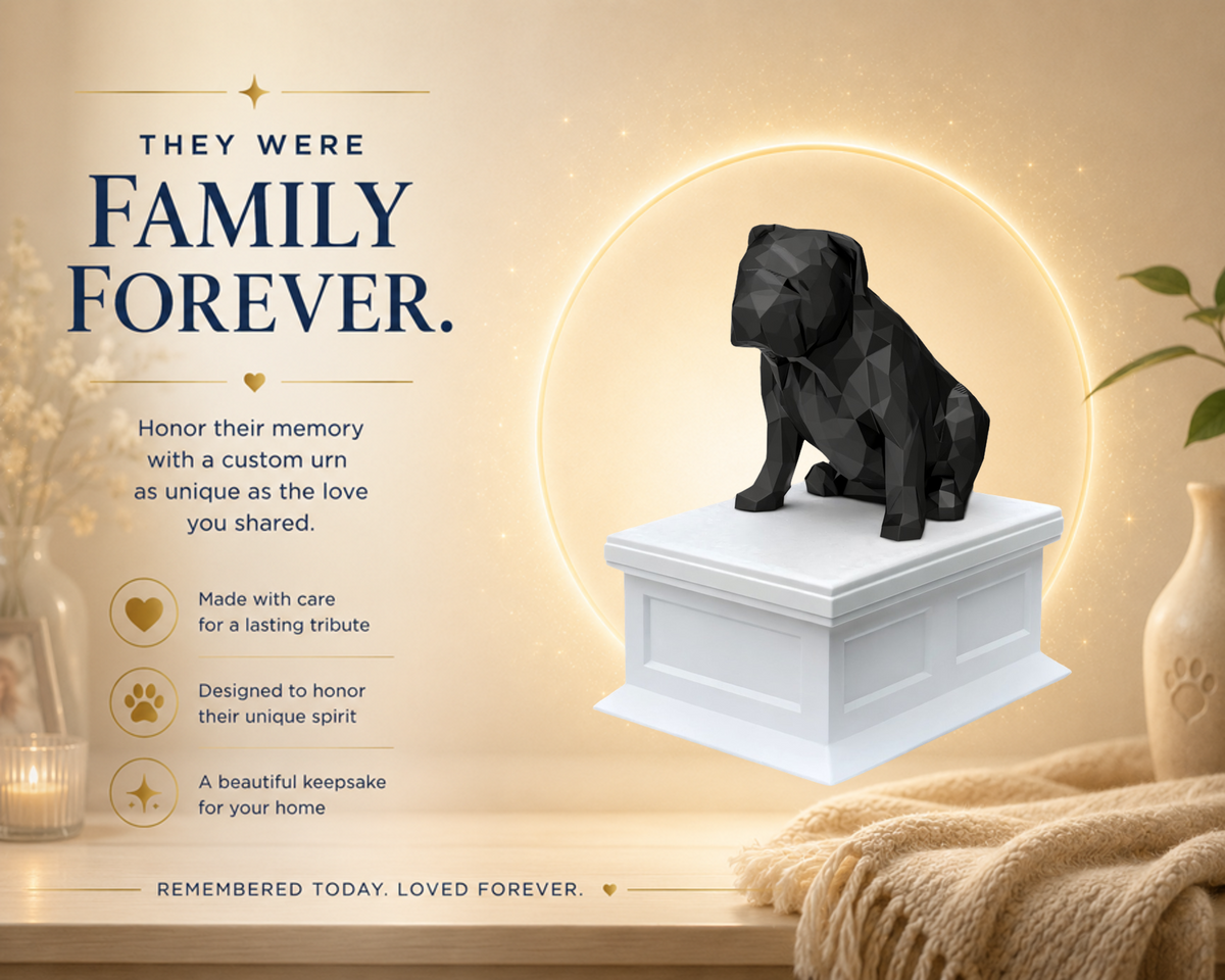 white vault black english bulldog custom pet urn