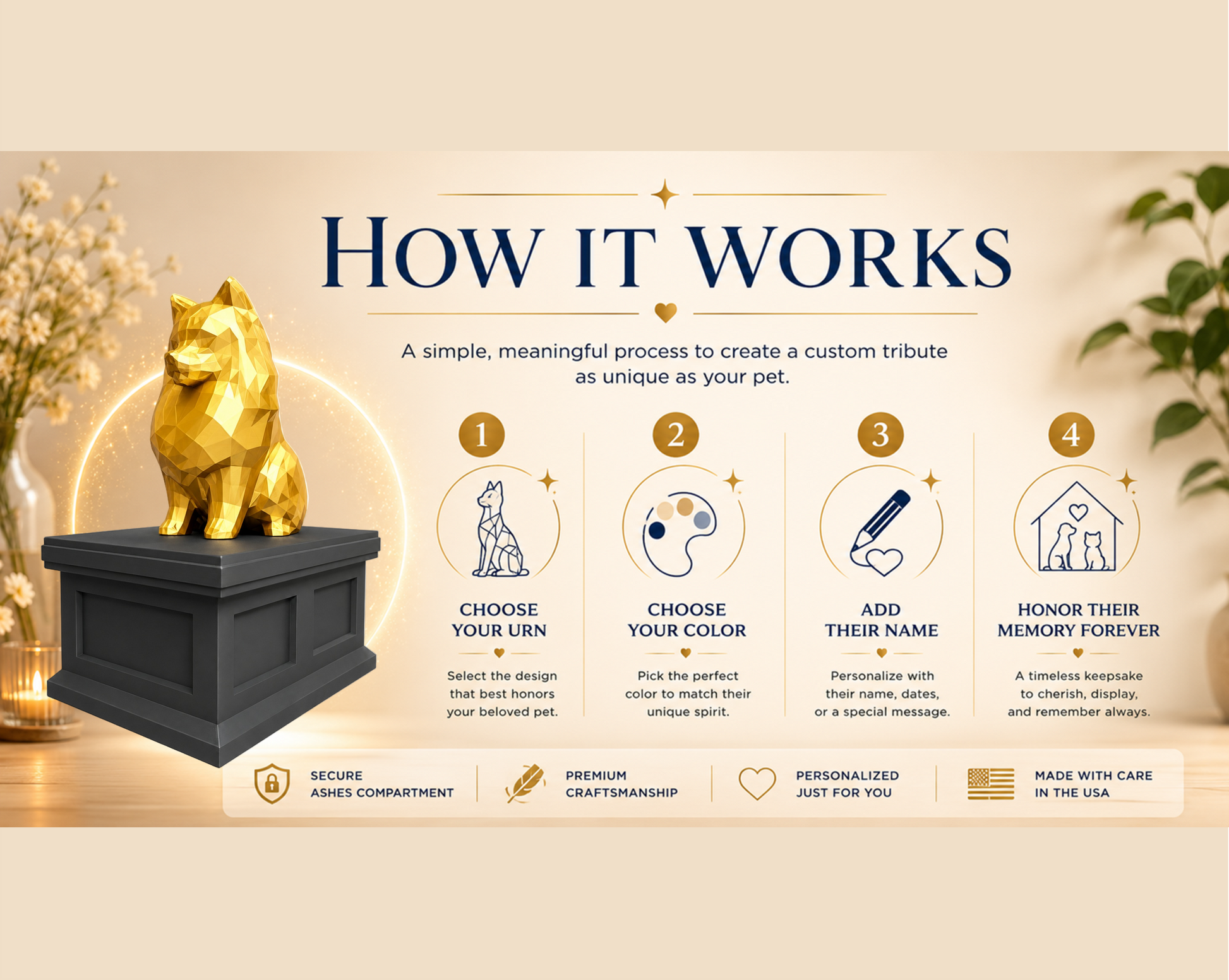 black vault gold pomeranian custom pet memorial urn