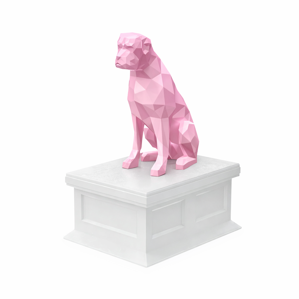white vault pink boxer pet urn