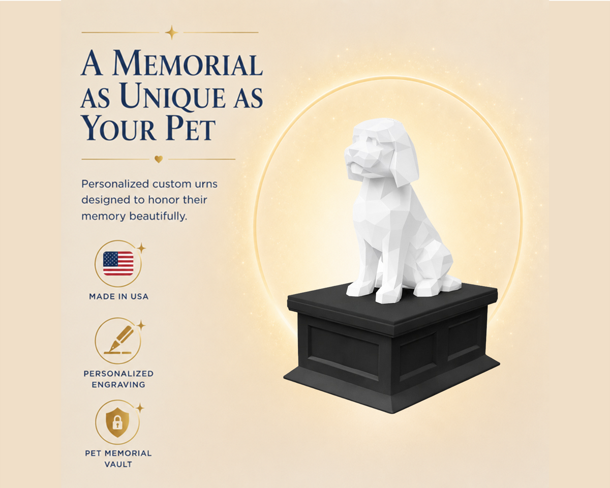 black vault white Golden doodle custom pet urn